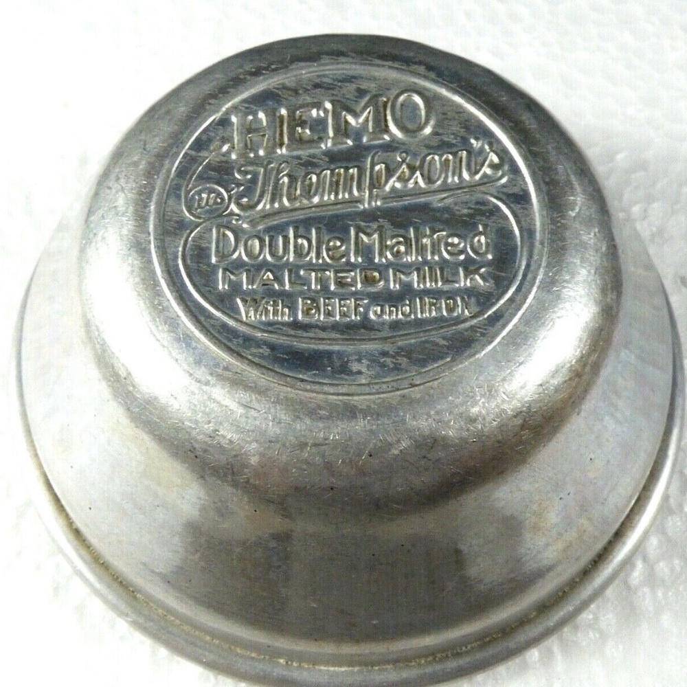 VTG 1940's Thompson’s HEMO Malted Milk Aluminum Shaker Embossed Logo Lid